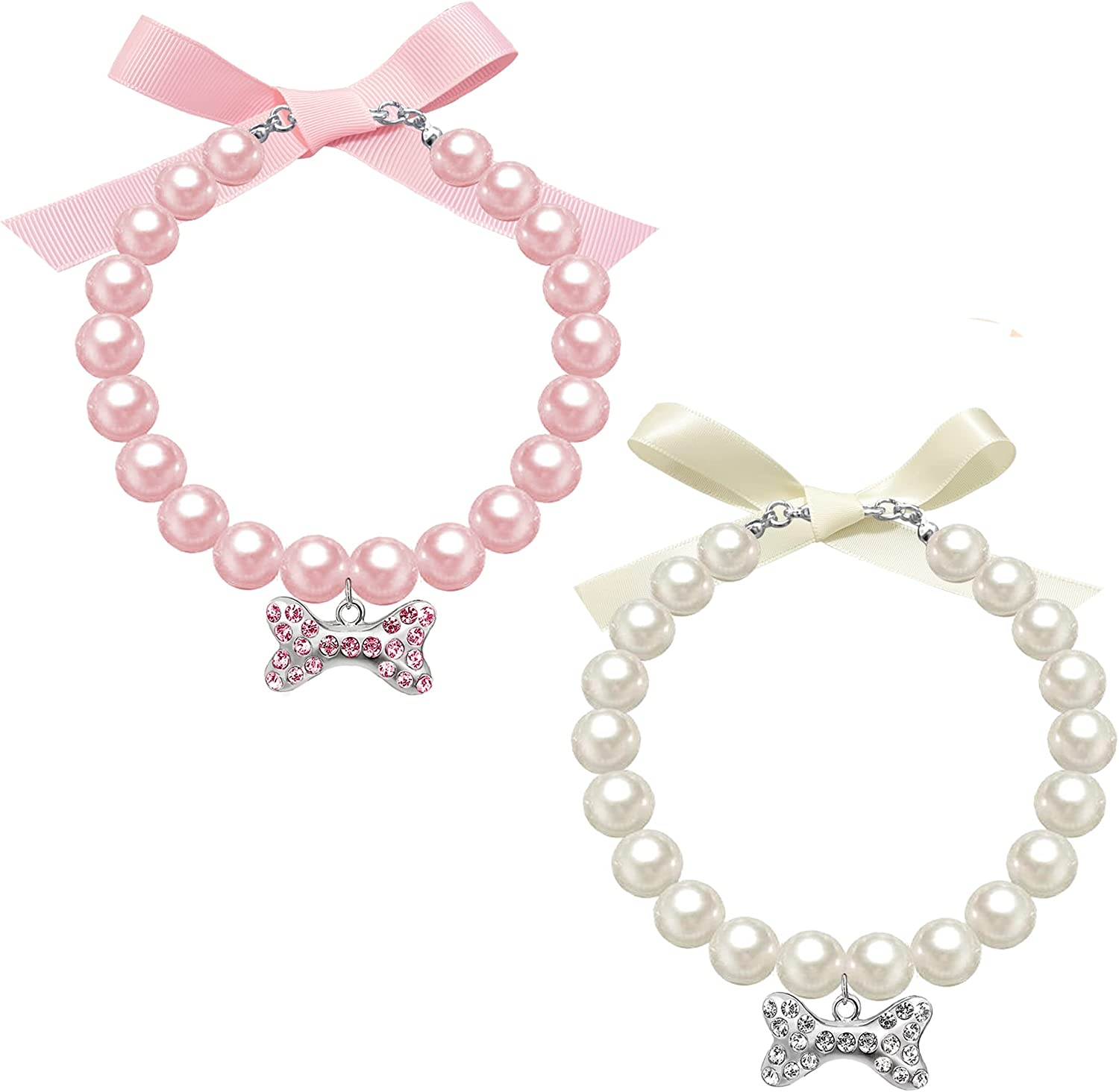 2 Pcs Dog Cat Pearl Collar Necklace with Rhinestone Bone, Fancy Cat Wedding Collar Jewelry for Girl Cat Puppy Dogs Accessories(Pink+White) image number 3