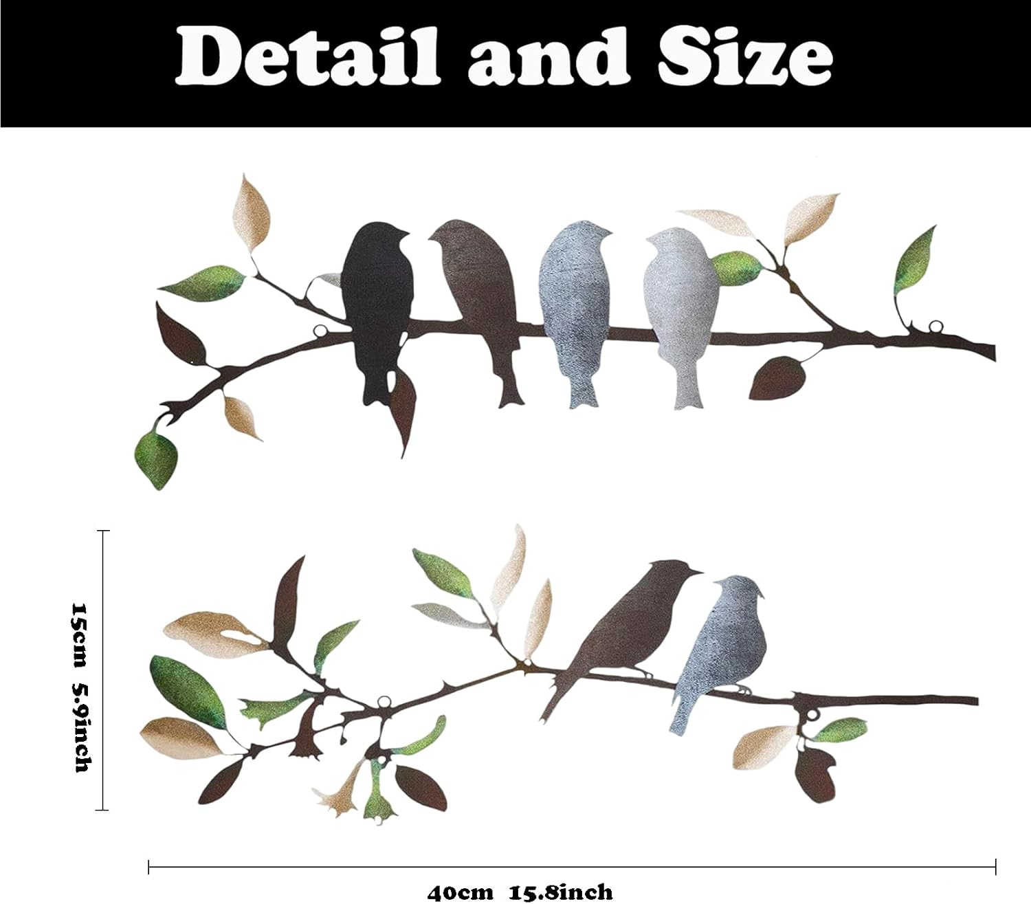 2 Pieces Metal Birds Wall Art Decor on Branch Metal Silhouette Sculpture Colorful Leaves with Birds Wall Decor Metal Art Wall Decor for Home Garden Balcony Indoor Outdoor Decor -Multi image number 1