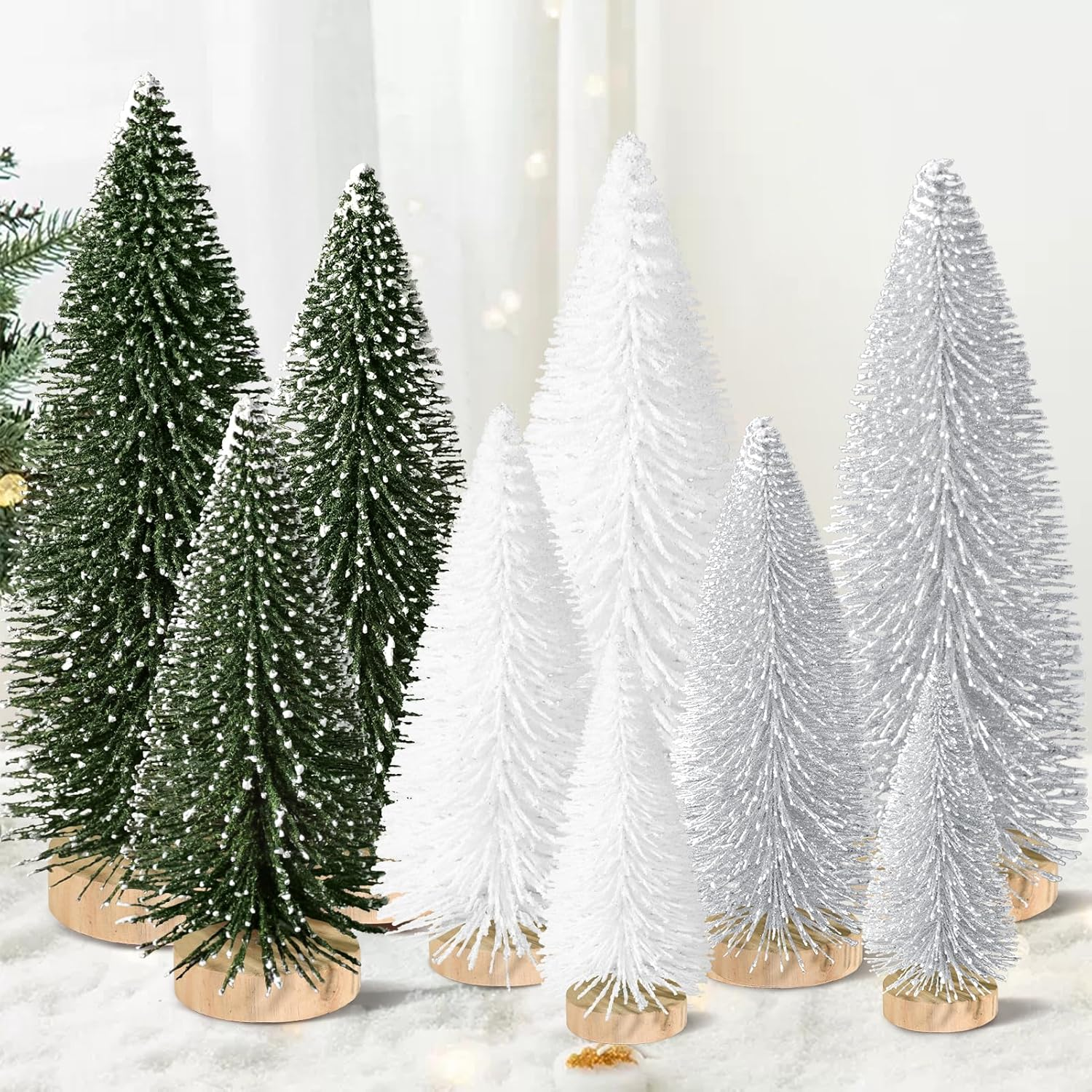 9Pcs Mini Christmas Tree Desktop, Artificial Christmas Pine Tree, Mini Bottle Brush Trees Tabletop, Small Sisal Trees with Wooden Bases, Xmas Holiday Decor (Green-Silver-White)