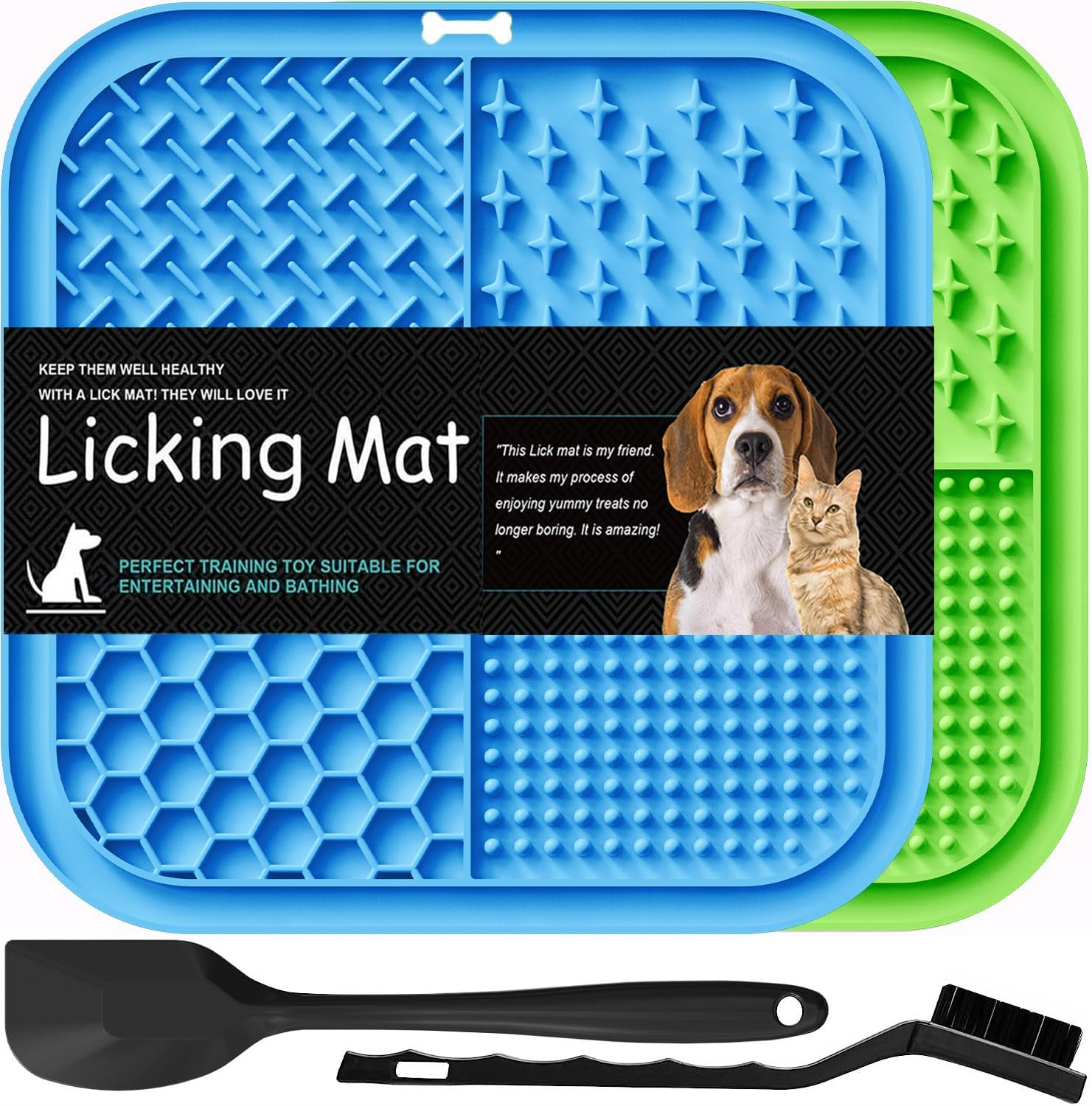 Lesipee Licking Mat for Dogs & Cats 2 Pack, Slow Feeder Lick Pat, Anxiety Relief Dog Toys Feeding Mat for Butter Yogurt Peanut, Pets Supplies Bathing Grooming Training Calming Mat (Blue&Green) image number 2
