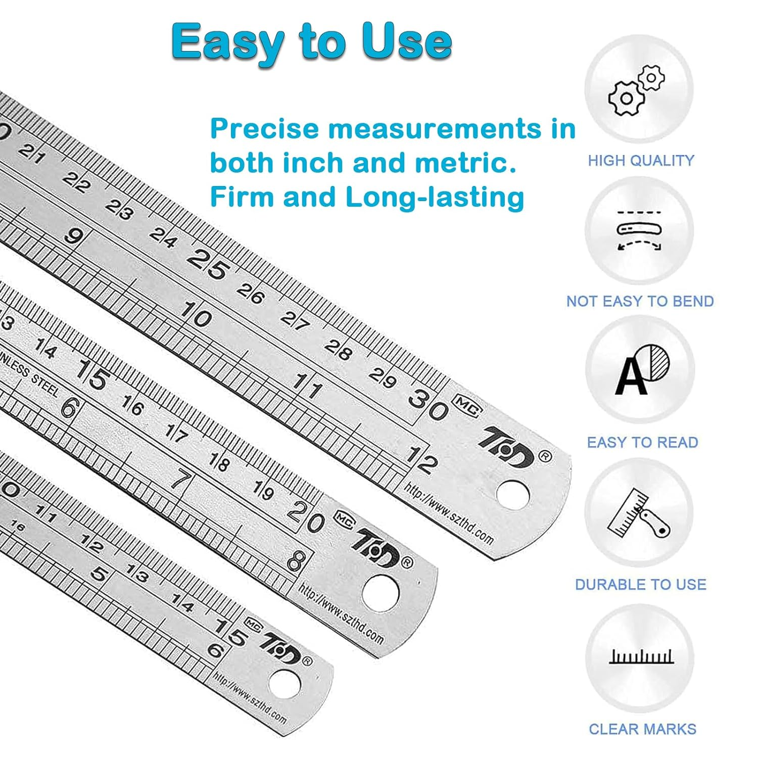 YUENTOEN 3Pcs Metal Ruler, 6 Inch, 8 Inch and 12 Inch Stainless Steel Ruler Double Side Straight Edge Metal Rulers for Home School Office Daily Use image number 6