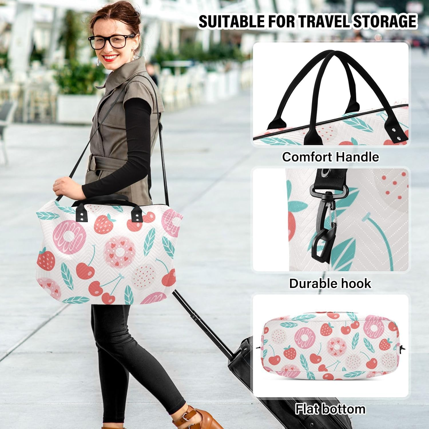 Large Bag Travel Weekender Gear Bag Food Donut Cherry Red Sports Duffel Bags with Adjustable Strap for Travel 2, Food Donut Cherry Red, Set of 2, Art Deco image number 2