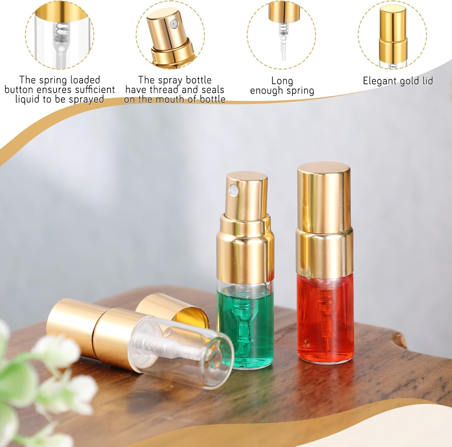 Alrhso 50Pcs 2Ml Glass Empty Tiny Spray Bottle Empty Perfume Bottles Atomizer Clear Atomizer Sprayer for Perfume Sample Bottles Refillable for Travel Fine Mist (Gold Cap)