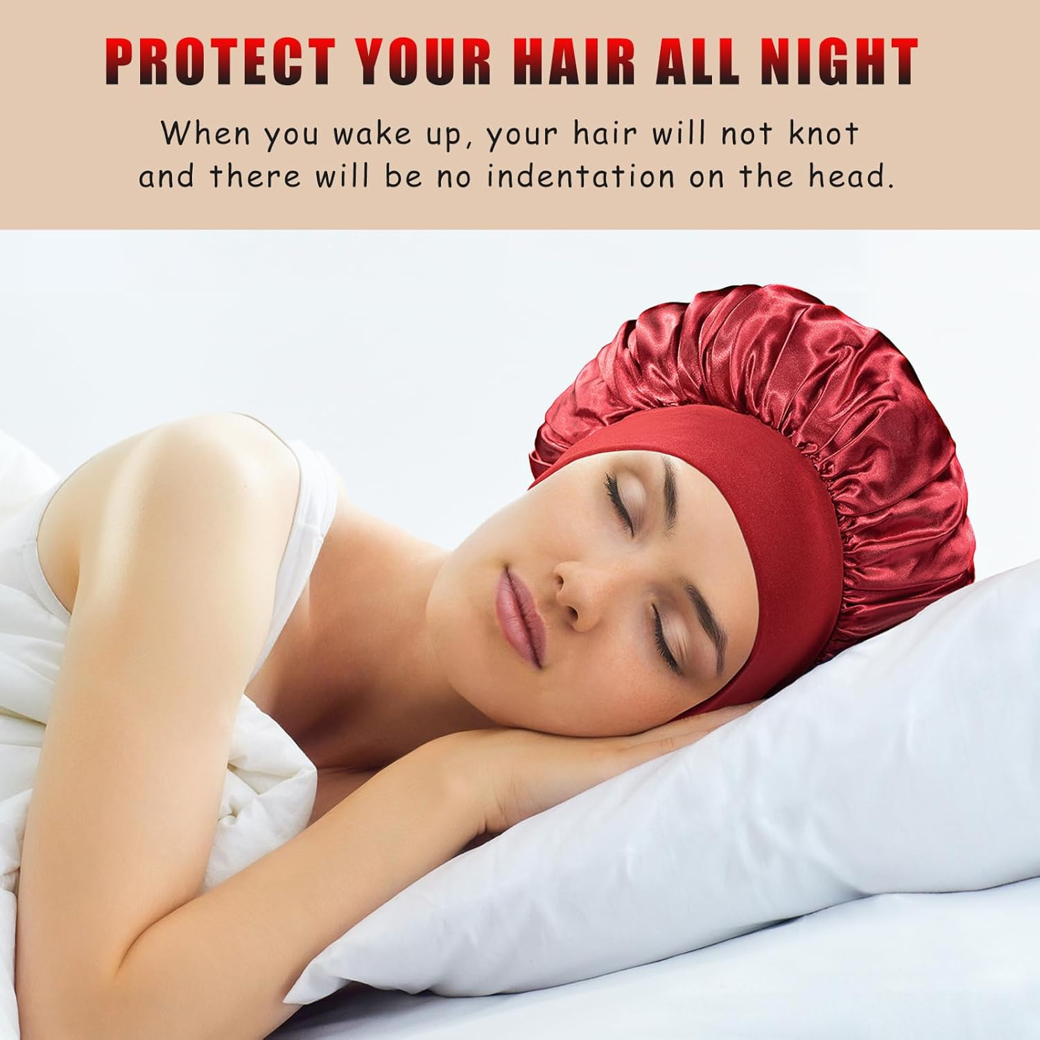 2Pcs Satin Bonnets for Women, Silk Hair Bonnet for Sleeping, Wide Soft Band Large Silky Sleep Cap for Curly Hair Braids image number 6