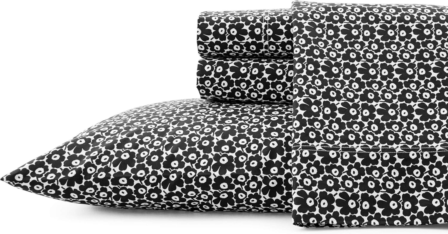 MARIMEKKO - Queen Sheets, Cotton Percale Bedding Set, Crisp & Cool Home Decor (Pikkuinen Unikko Black, Queen) image number 2