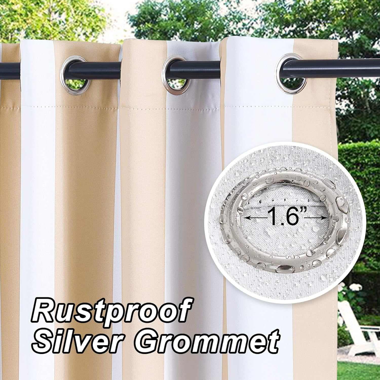 NICETOWN 2 Panels Stripe Outdoor Curtains for Patio Waterproof, Thermal Insulated Stainless Steel Grommet Room Darkening Indoor Outdoor Drapes Light Block for Pool, W52 X L108, Biscotti & White