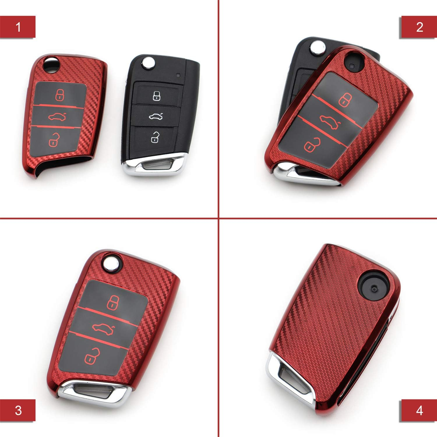 M.Jvisun Soft Carbon Fiber Finish Car Key Fob Cover for Volkswagen Atlas Golf Jetta Polo for Tiguan for Skoda Kodiaq Karoq for Audi A1 for Seat Ateca Leon Flip Key TPU Case with Keychain - Red image number 6