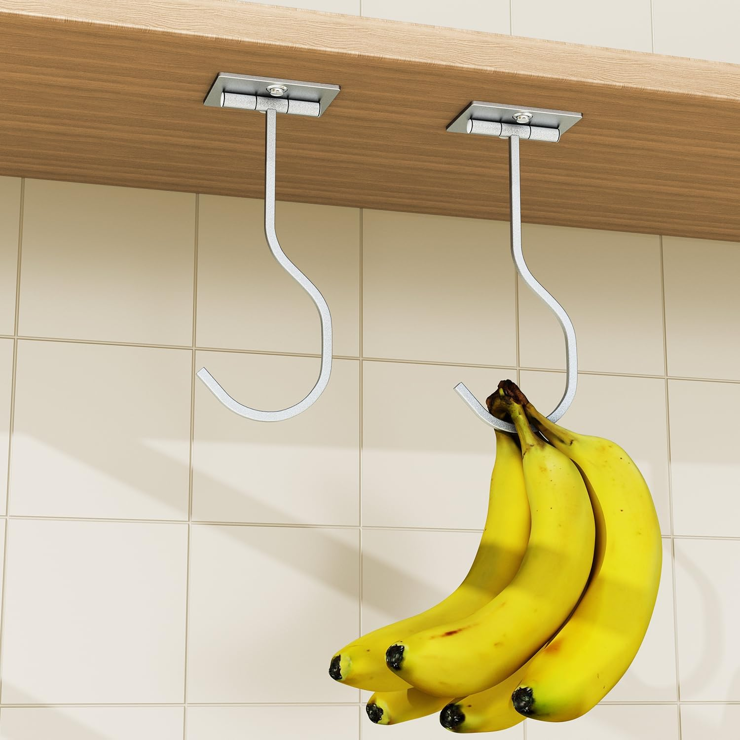 2-Pack Self Adhesive Banana Hook, Metal Banana Hanger Hook,Under Cabinet Hook for Bananas or Kitchen Items, Foldable Banana Hook, Folds up with Magnets When Not in Use, Keep Bananas Fresh, Silver image number 6
