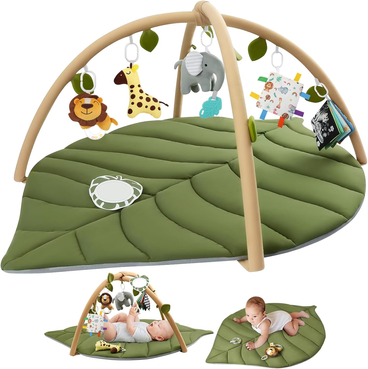 Baby Play Gym Baby Play Mat, Leaf Shaped Baby Mat with 6 Detachable Toys, Tummy Time Mat High Contrast Toys & Self-Discovery Mirror image number 1