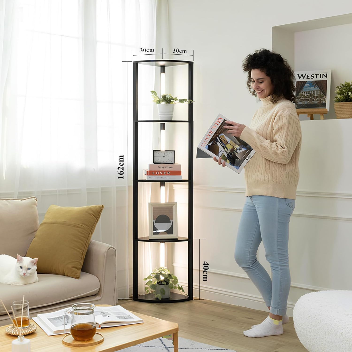 TUXOIUBA Dimmable LED Corner Floor Lamp with Shelves, Corner Shelf Floor Lamps for Living Room, LED Corner Display Shelf with Lights and Adjustable Color Temperature for Living Room Bedroom Home image number 1