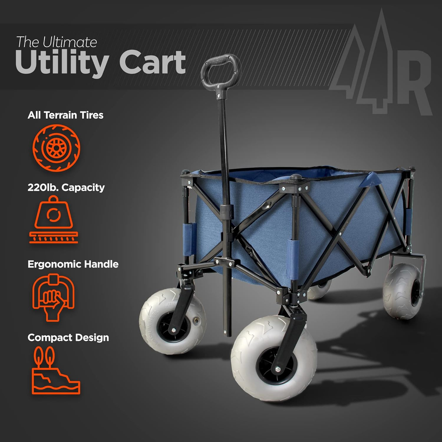 Beach Trolley Wagon with Big Wheels for Sand - All Terrain Steel Frame Utility Cart with 9" Pneumatic Tires, Collapsible Folding Design (Sand Warrior RX800) Navy Blue image number 2