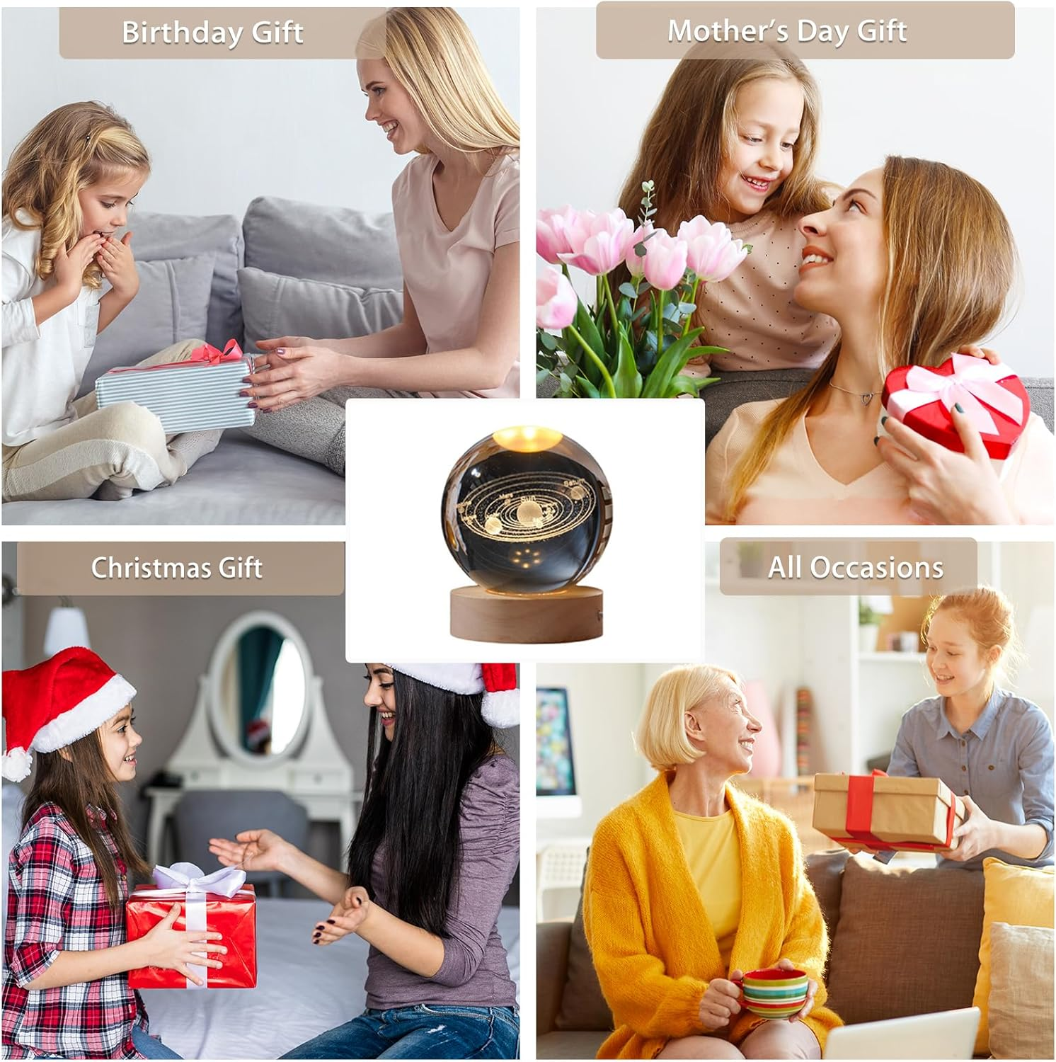 3D Crystal Ball Night Light, USB Moon Planets Solar System Universe Lamp, Glass Ball with Wooden Base - LED Ball for Christmas, Birthday, Valentine'S Day, Astronomy Gifts