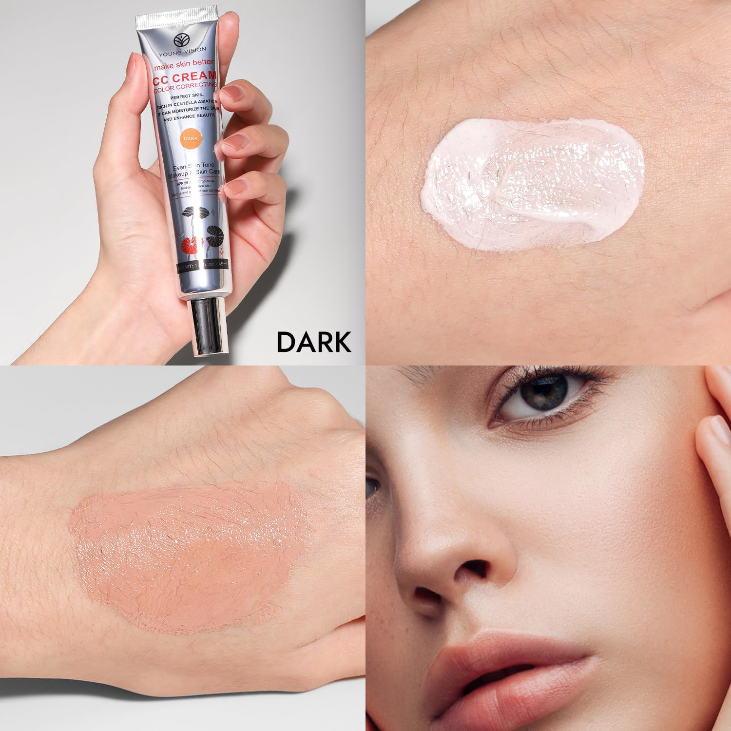 Multi-Purpose CC Cream with SPF 25 - Full Coverage Hydrating Foundation, Color Corrector & Primer with Centella Asiatica | Moisturizing Concealer & Sunscreen (Dark, CC) image number 2