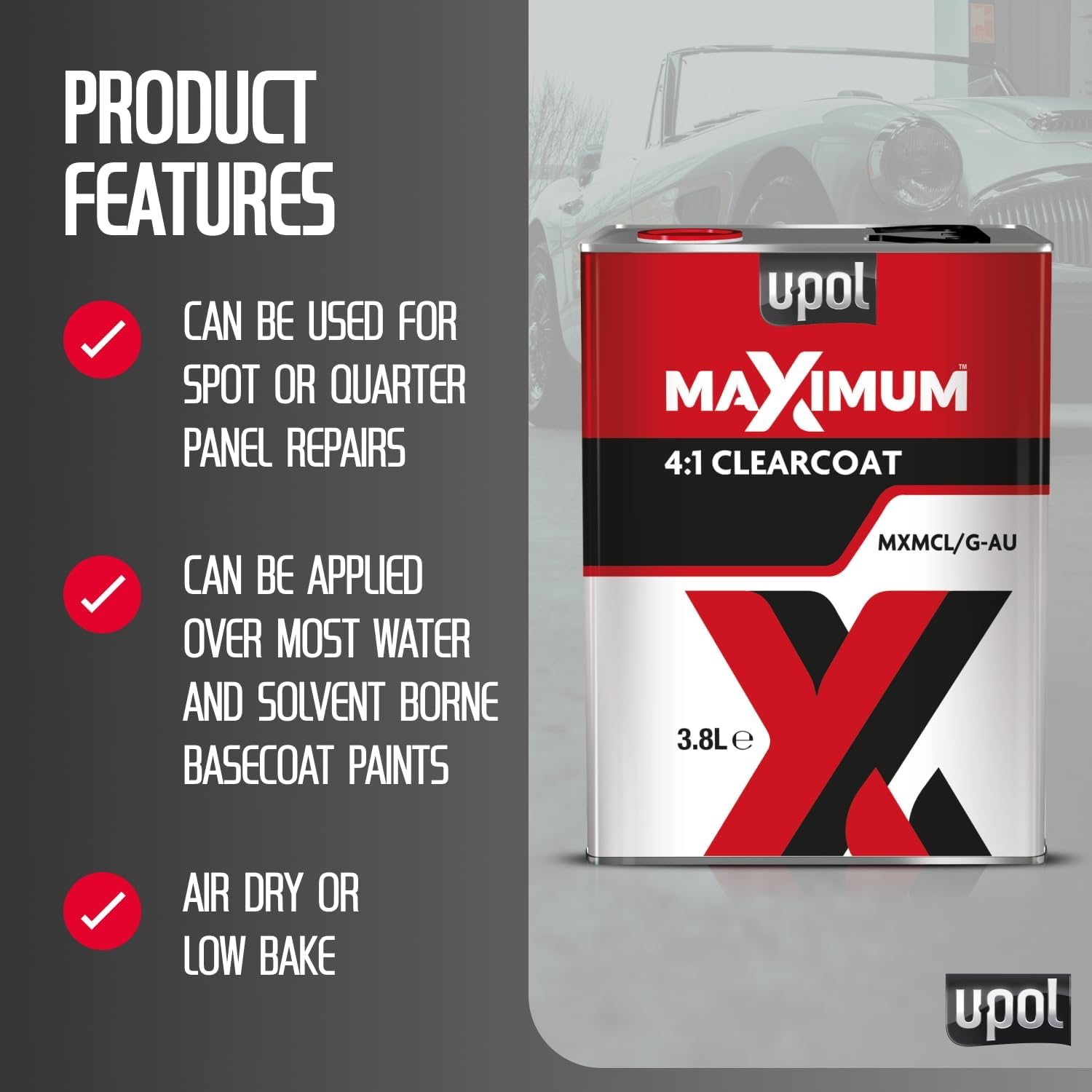 U-POL Maximum Clearcoat, High Build, Crystal Clear Finish, Easy to Apply, Air Dry or Low Bake, Hardens Rapidly to Give a Durable, UV Resistant Finish, 3.8L image number 3
