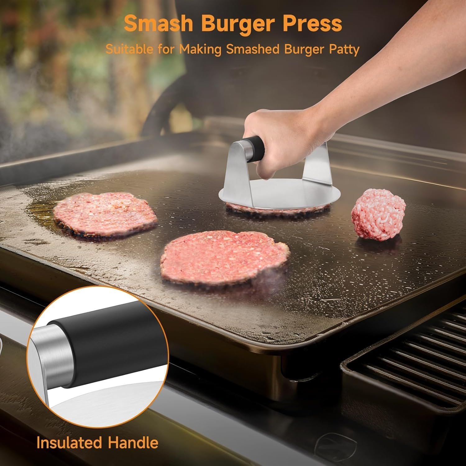 Grillpress BBQ Smash Burger Press Heavy Duty, 14Cm round Stainless Steel Patty Smasher with Heat-Resistant Silicone Handle for Juicy Hamburgers, Chicken, Paninis & Sandwiches image number 4