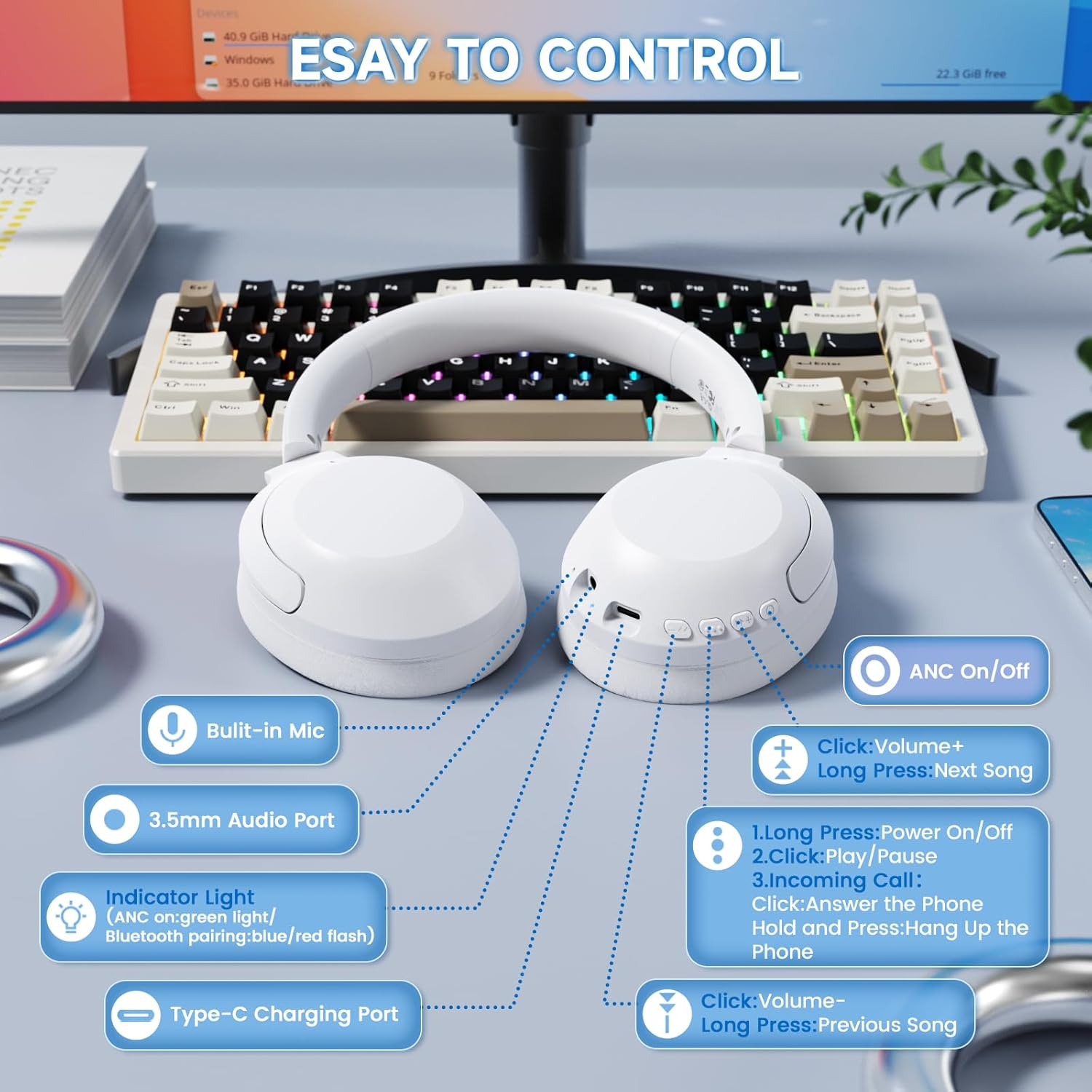 X Attack Shark G300 Wireless Active Noise Cancelling Headset, Bluetooth 5.3 Deep Bass HD Stereo Sound over Ear, 20H Playtime, Built-In Mic Lightweight Design 3.5Mm Gaming Headset(White) image number 4