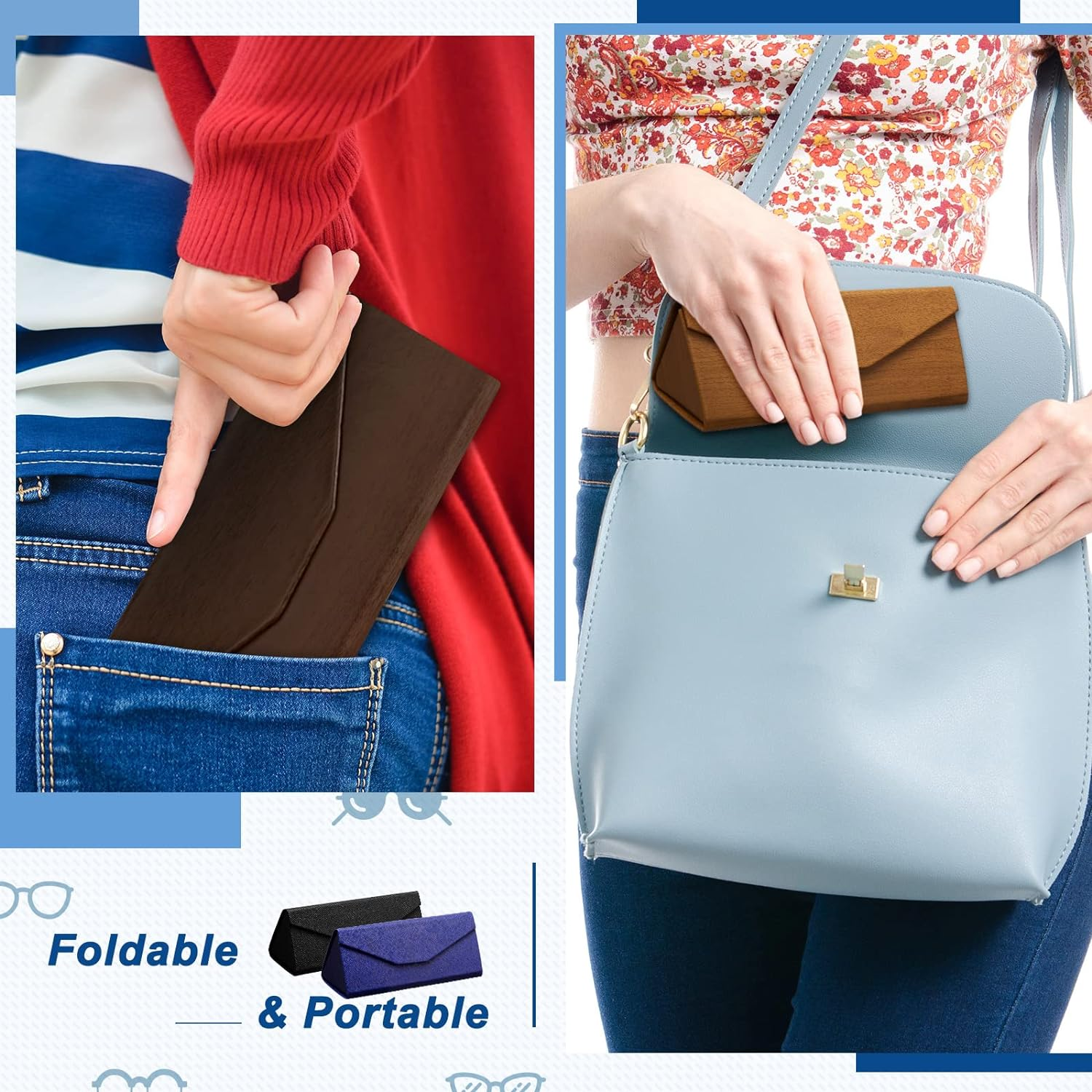 Flutesan 4 Pack Foldable Glasses Sunglasses Case PU Hard Shell Eyeglasses Case Leather Glass Case 4 Cleaning Cloths - Classic Color image number 6