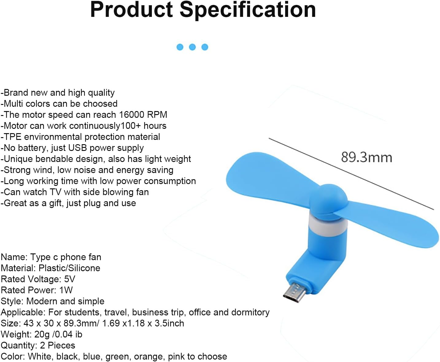 Sokelinn-Six Type C Phone Fan, Mini USB C Cooling Hand Fans Portable Summer Cooler for Ipad Type C Plug Devices-2 Pieces (Blue) - Blue image number 6