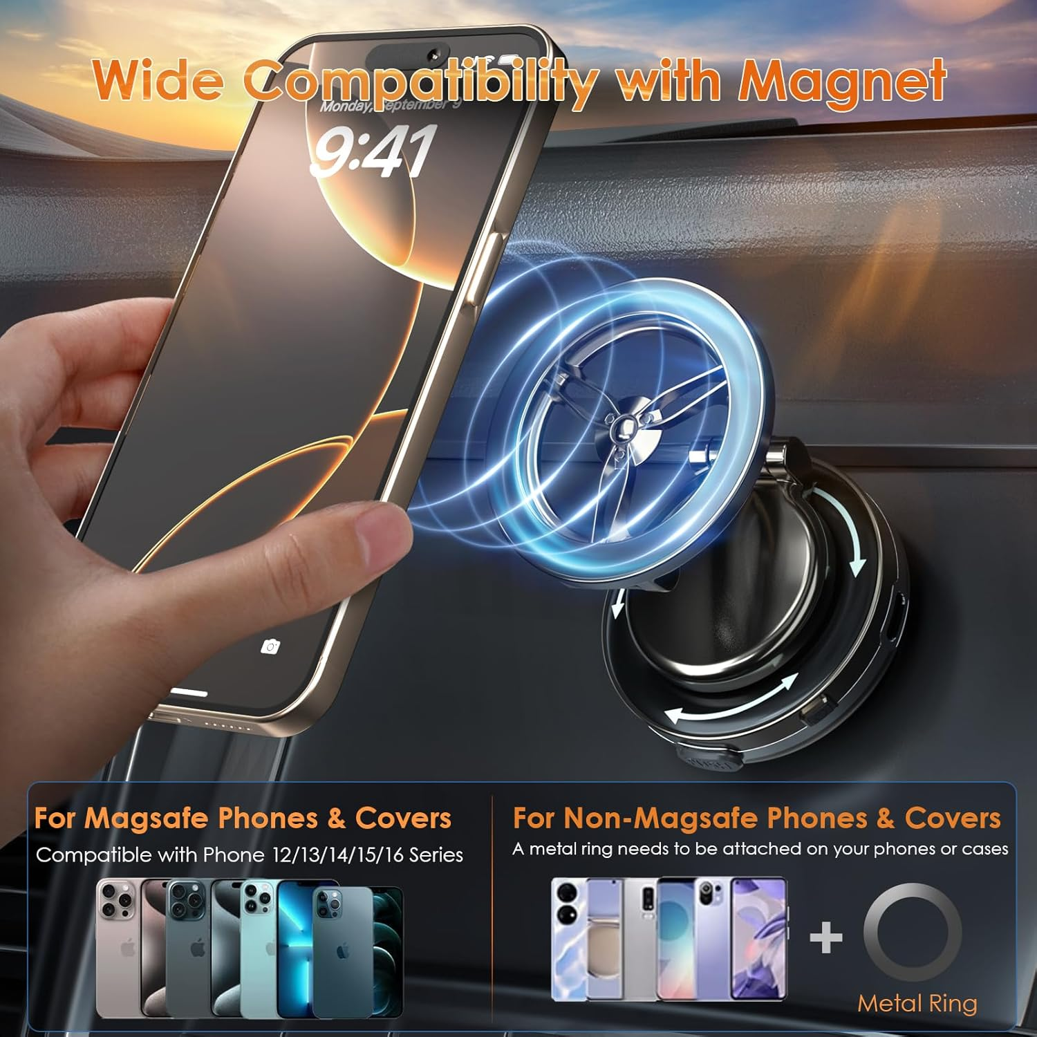 360&deg; Electric Magnetic Vacuum Phone Holder, Double Sided Attachment Car Phone Mount, Hands Free Magnetic, Double Sided Holder for Car Dashboard Mounting, Smooth Surfaces (Black) image number 4