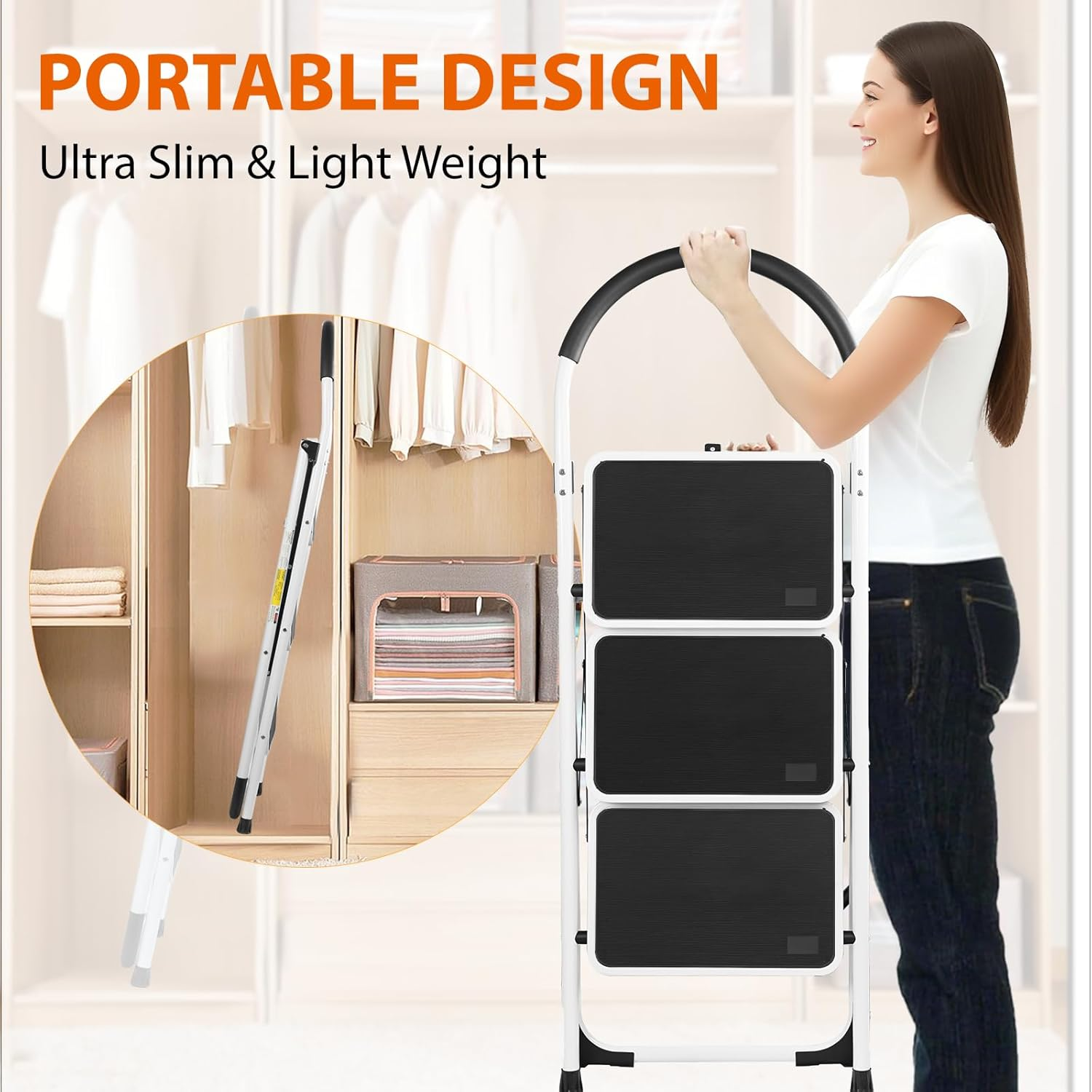 3 Step Ladder, Folding Step Stool, Portable Household Stepladder with Widen Pedal, Portable Non-Slip Rubber Mat, for Kitchen Pantry Closets Home Office, Holds up to 150 KG image number 4