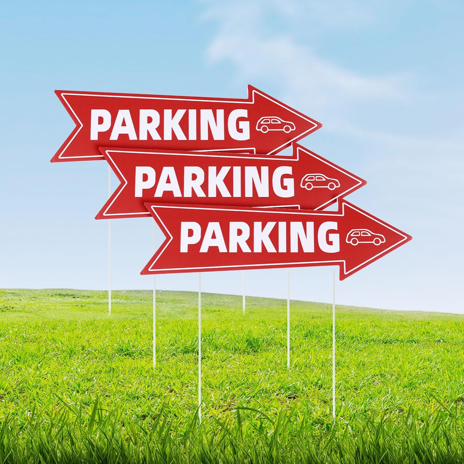 3Pcs Directional Parking Sign with Stake, 16X5In Event Parking Signs with Arrows Red & White Corrugated Plastic Parking Signage for Outdoor Yard Lawn
