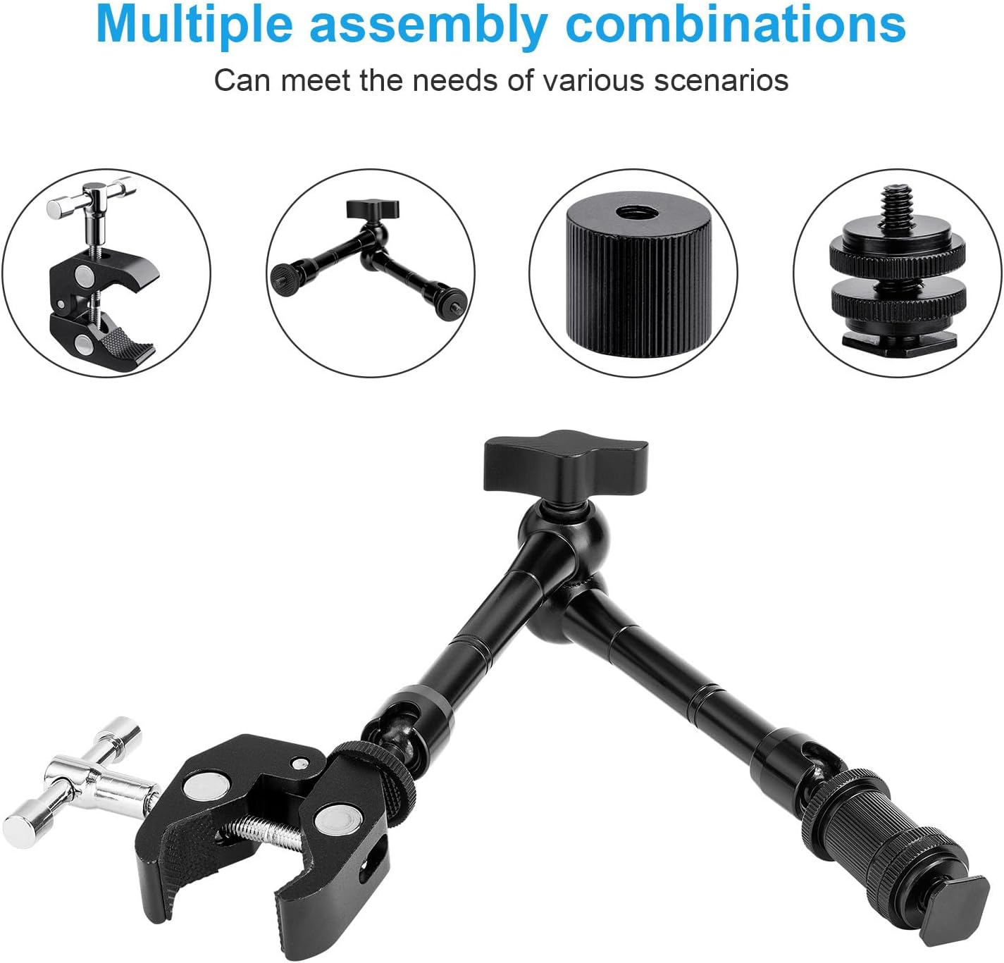 Fomito 28Cm Metal Magic Arm with Super Clamp, 360&deg; Rotation, Multi-Functional Adjustable for Camera, Photography, Video Production, Easy Installation, Portable Design