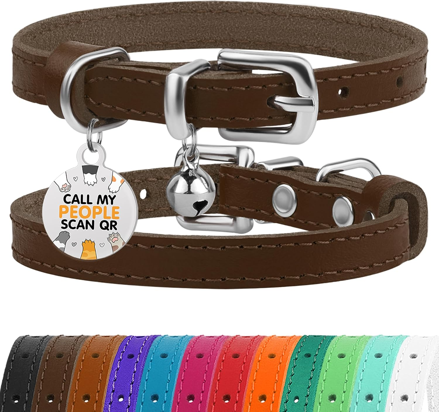 BRONZEDOG Leather Cat Collar with Removable Bells Non Breakaway Kitten QR Tag for Girl Boy (7" - 9" for Cats, Blue & Silver)