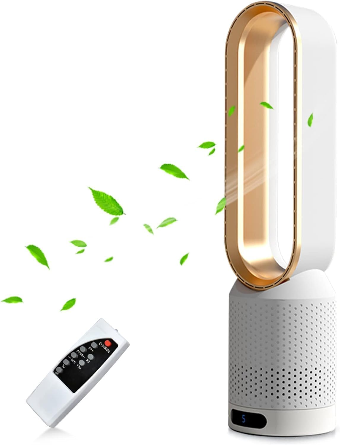 Bladeless Tower Fan,90&deg; Oscillating Bladeless Fan with Remote, 8 Speeds, 70&deg; Oscillation,Large LED Display with Auto Off, Easy to Clean, Portable Quiet Cooling Fan for Bedroom, Home, Office (Gold)