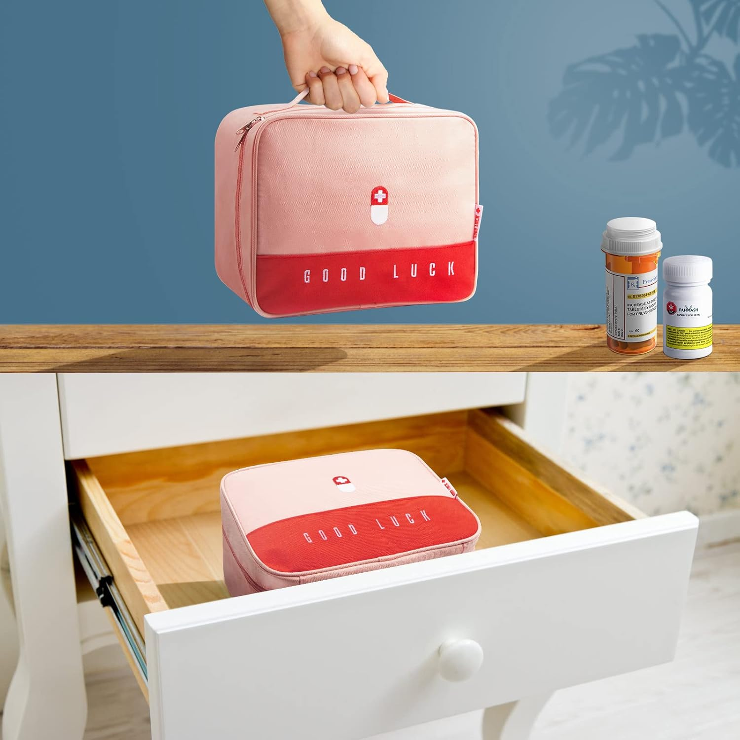 Portable First Aid Bag Empty Medical Supplies Bag with a Mini Pouch Travel Medicine Bag Cosmetic Organizer for Home Camping Hiking Office (Pink) - Pink image number 2