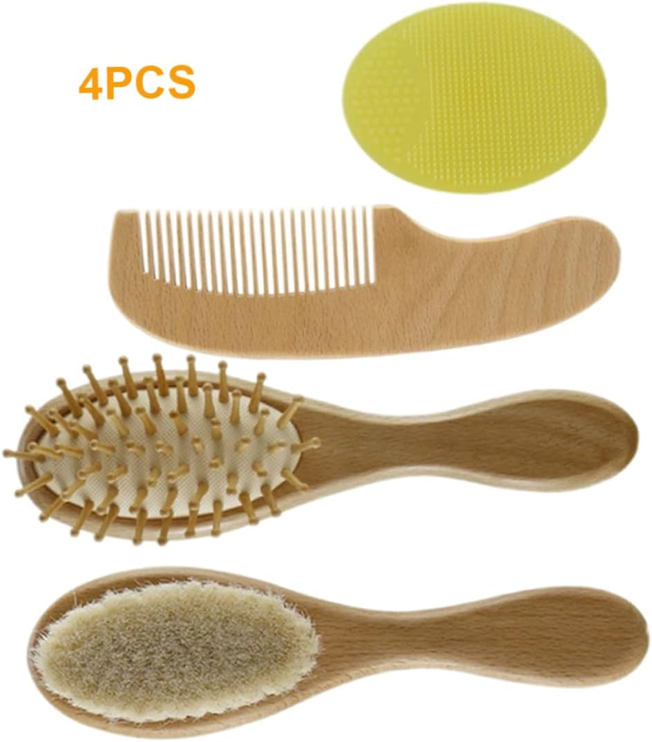 Baby Hair Brush Toddler Comb Set Wooden Goat Bristles Bath Brush Shower Scalp Massager Tool Baby Set 4PCS