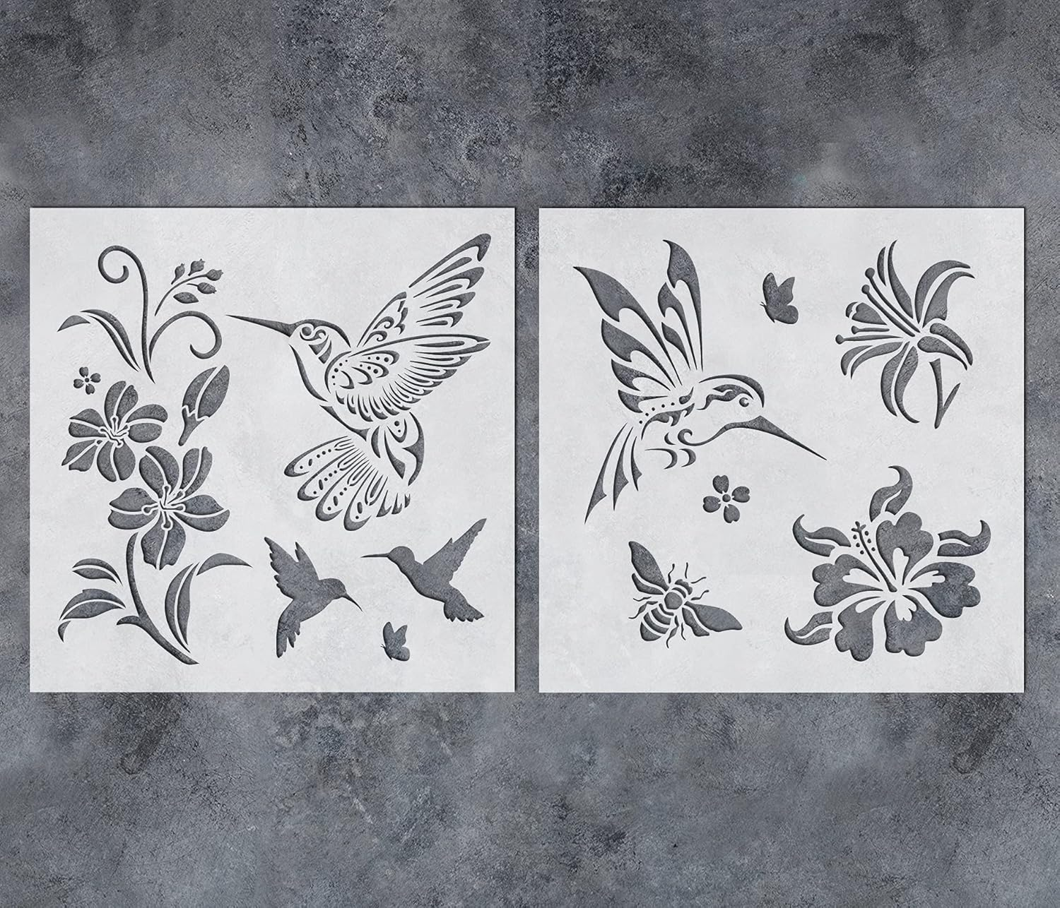 GSS Designs Hummingbird Stencils for Painting (2 Pack) - Bird Floral Flower Bee Stencils for Painting on Wood Canvas Walls and DIY Craft Projects - Reusable Hibiscus Flower Stencil (12" X 12") image number 1