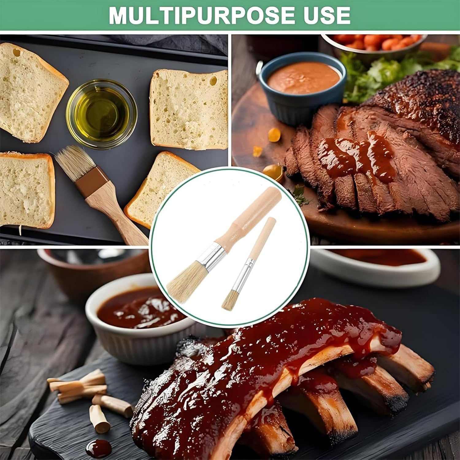2 Pcs Natural Bristle round Pastry Brush, Wooden Handle BBQ Oil Brush for Cooking, Grilling, Baking, Multifunctional Kitchen Bristle Brush image number 4