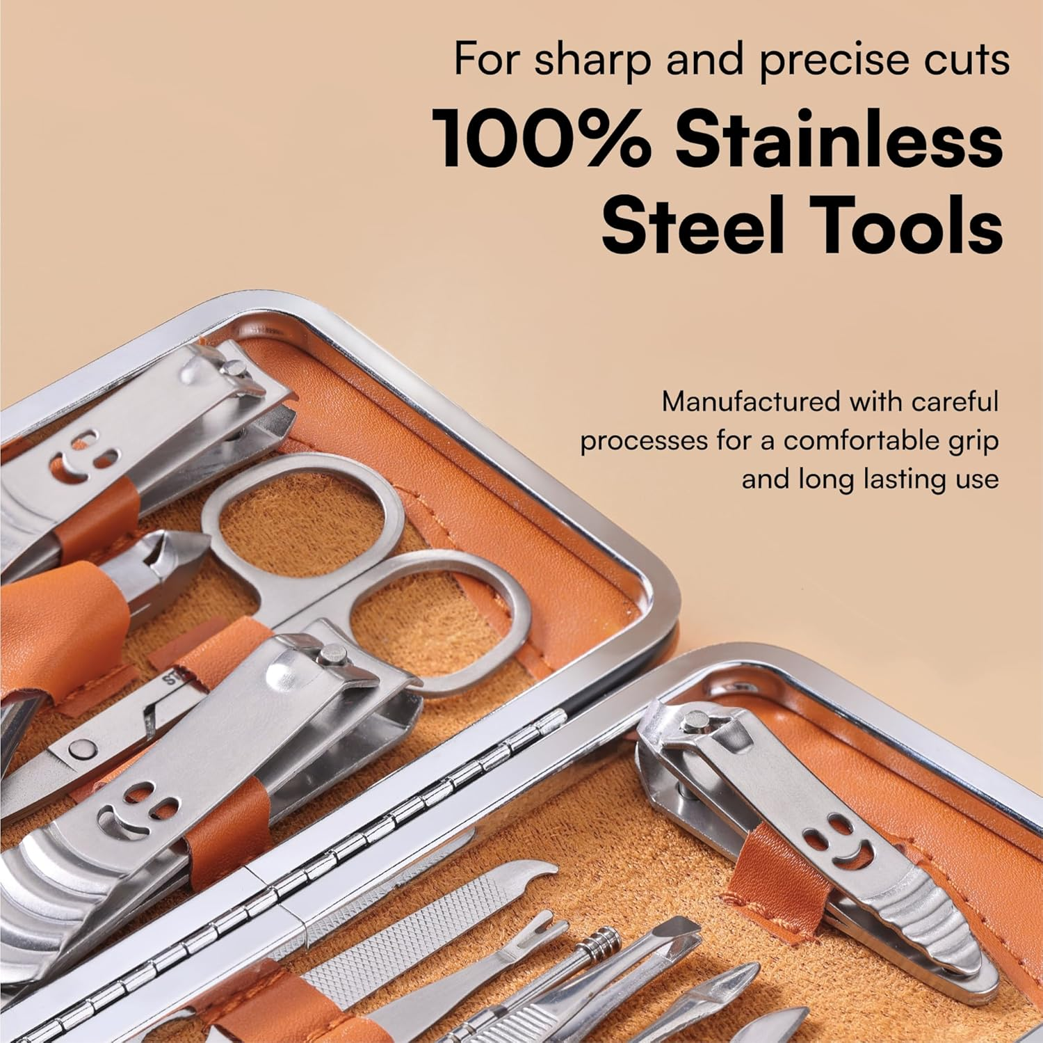 H&S Manicure Set for Women & Men - Manicure & Pedicure Tools & Accessories - 14 Pcs - Stainless Steel Nail Clippers Set & Cuticle Remover - Cutter Trimming Grooming Tools - W/Leather Case - Nail Kit
