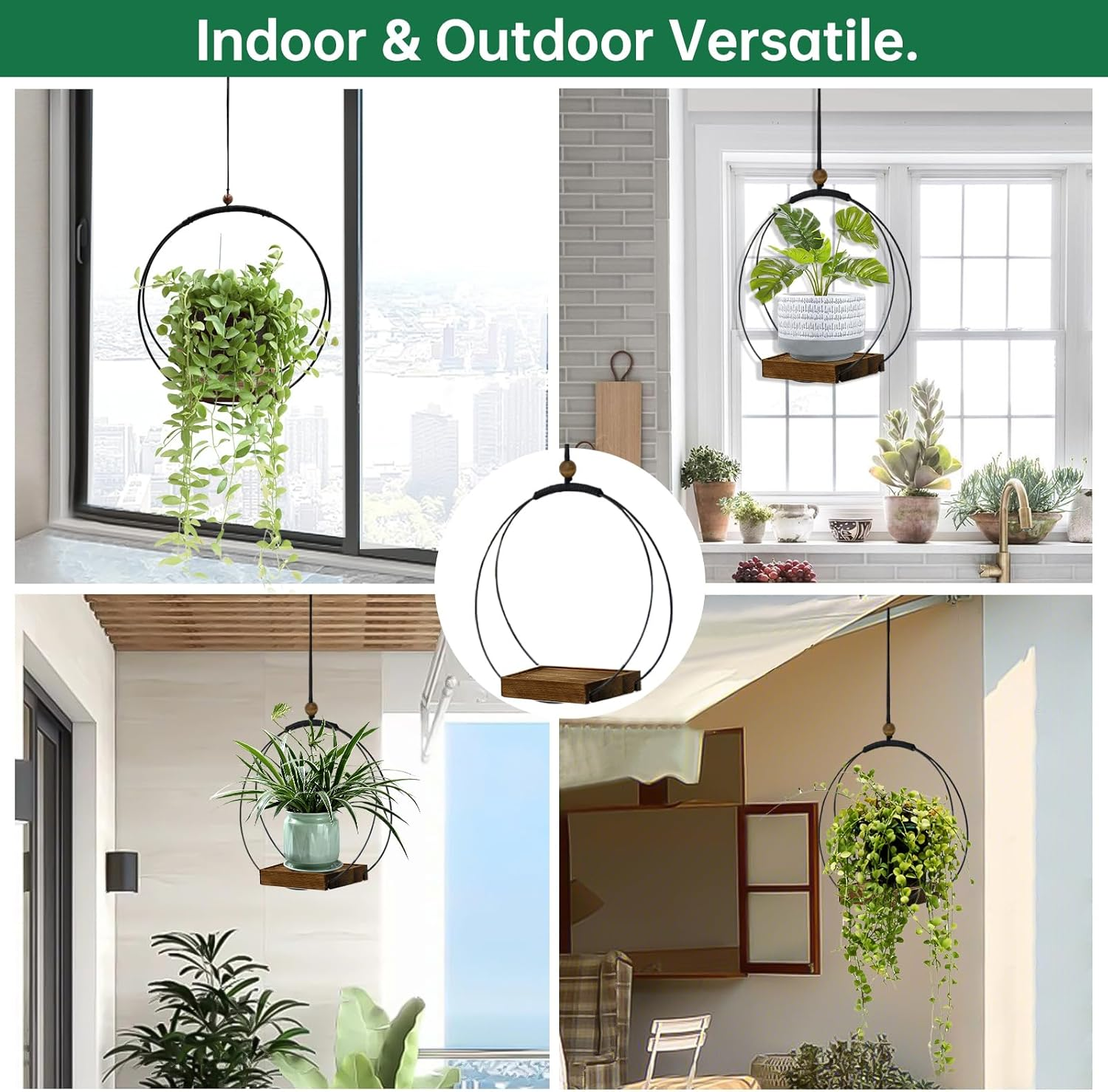 Hanging Planter for Indoor Plants, Black Plant Hanger Indoor with Sturdy Wood Base, Modern Boho Macrame Plant Hanger, Hanging Wall Ceiling Window Home Decor (Plants/Pots Not Included) image number 5