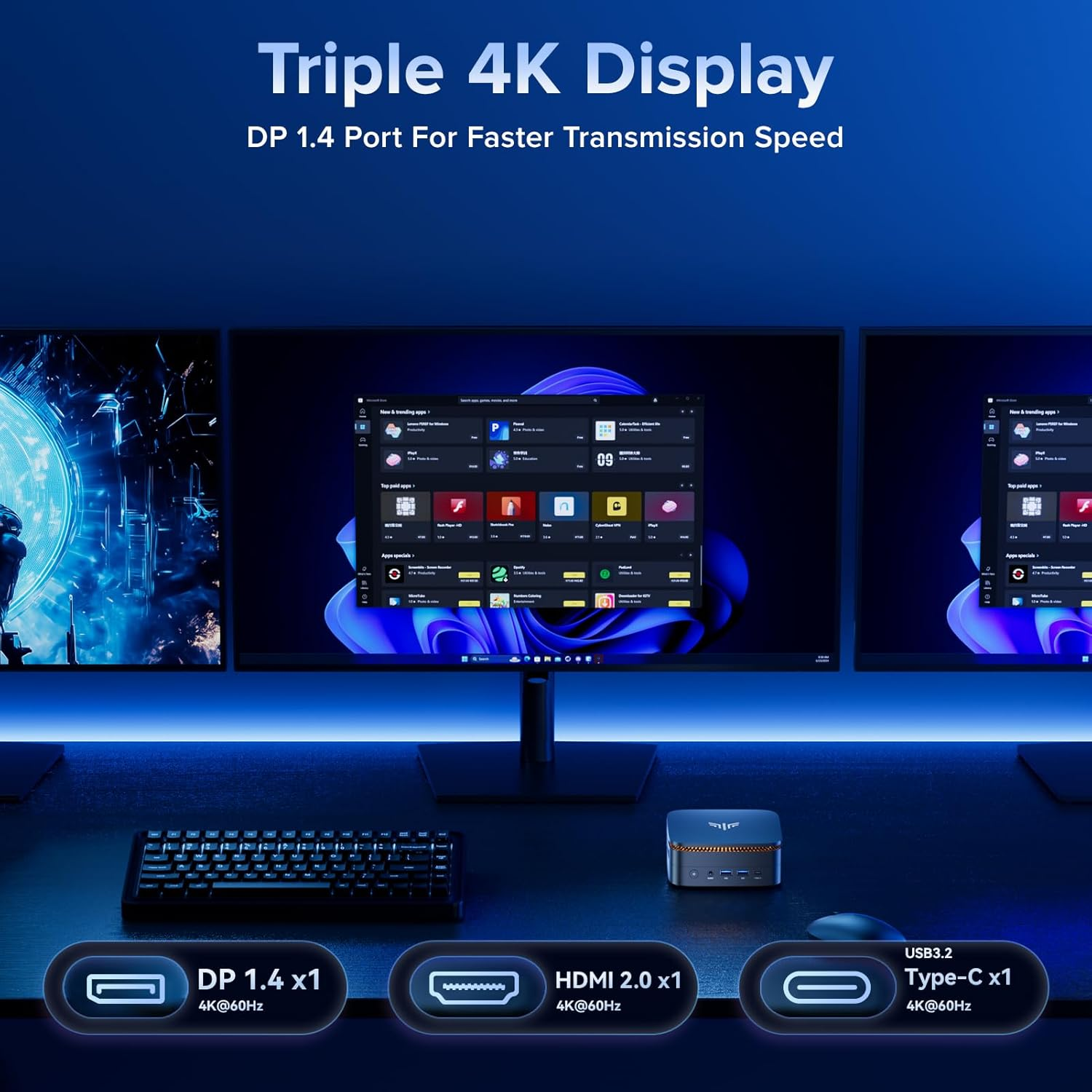 KAMRUI P1 Mini PC AMD Ryzen 4300U(Up to 3.7Ghz) 16GB DDR4 512GB M.2 SSD Mini Computer Mini PC Win-11 Pro 4K@60Hz Triple Display HDMI2.0+DP1.4+USB-C Wifi5 BT RJ45 LAN VESA Mount Small PC image number 6