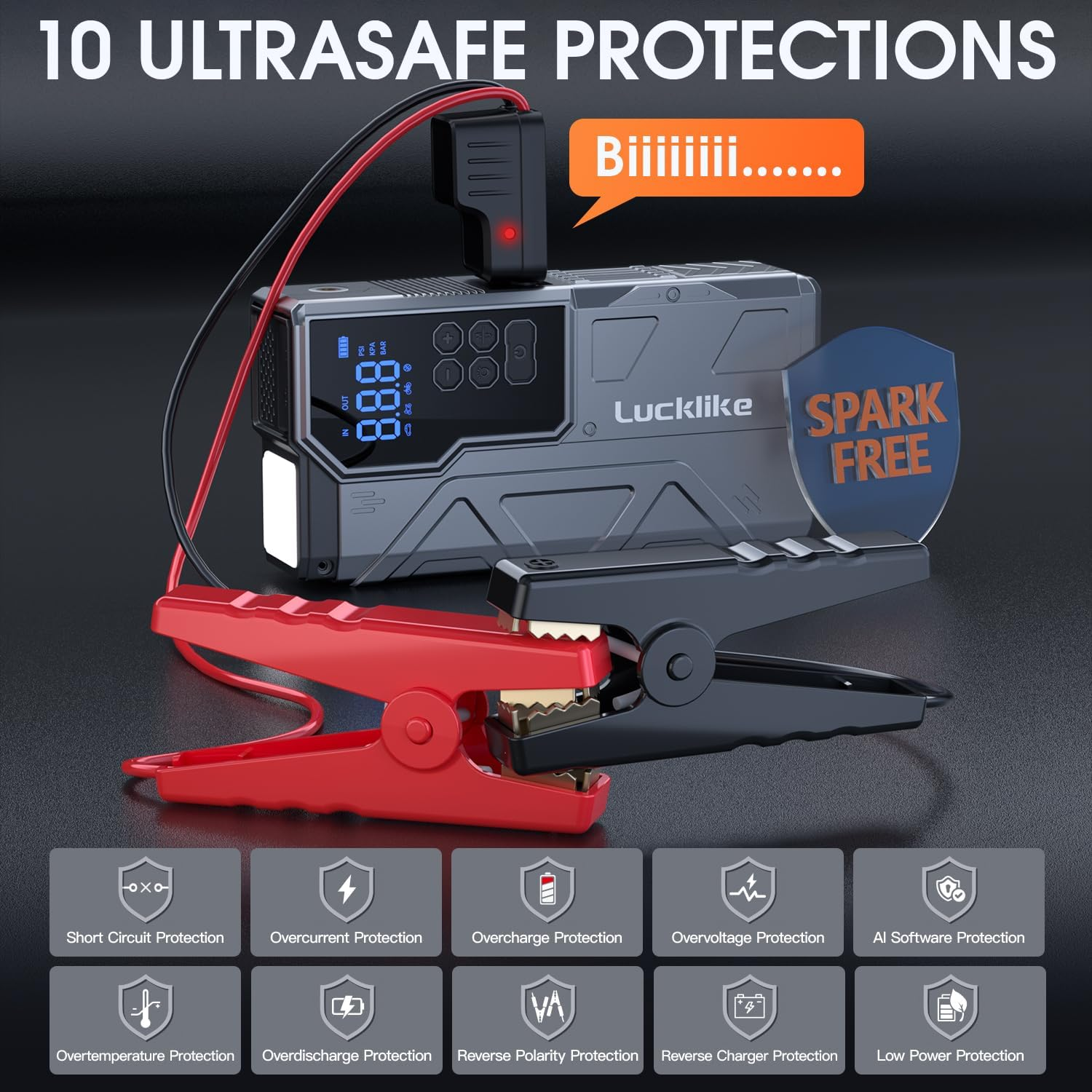 Lucklike Jump Starter with Air Compressor, 4000A 150PSI Portable Car Battery Jumper Starter Pack for 10L Gas and 8L Diesel, Tire Inflator with Presssure Detection, 12V Jump Box with Flashlight (Black) image number 6