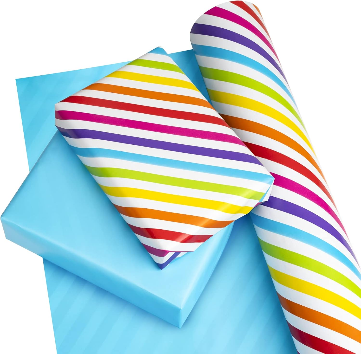 WRAPAHOLIC Reversible Wrapping Paper - Mini Roll - 17 Inch X 33 Feet - Rainbow Stripe and Solid Blue Design for Birthday, Celebration, Baby Shower