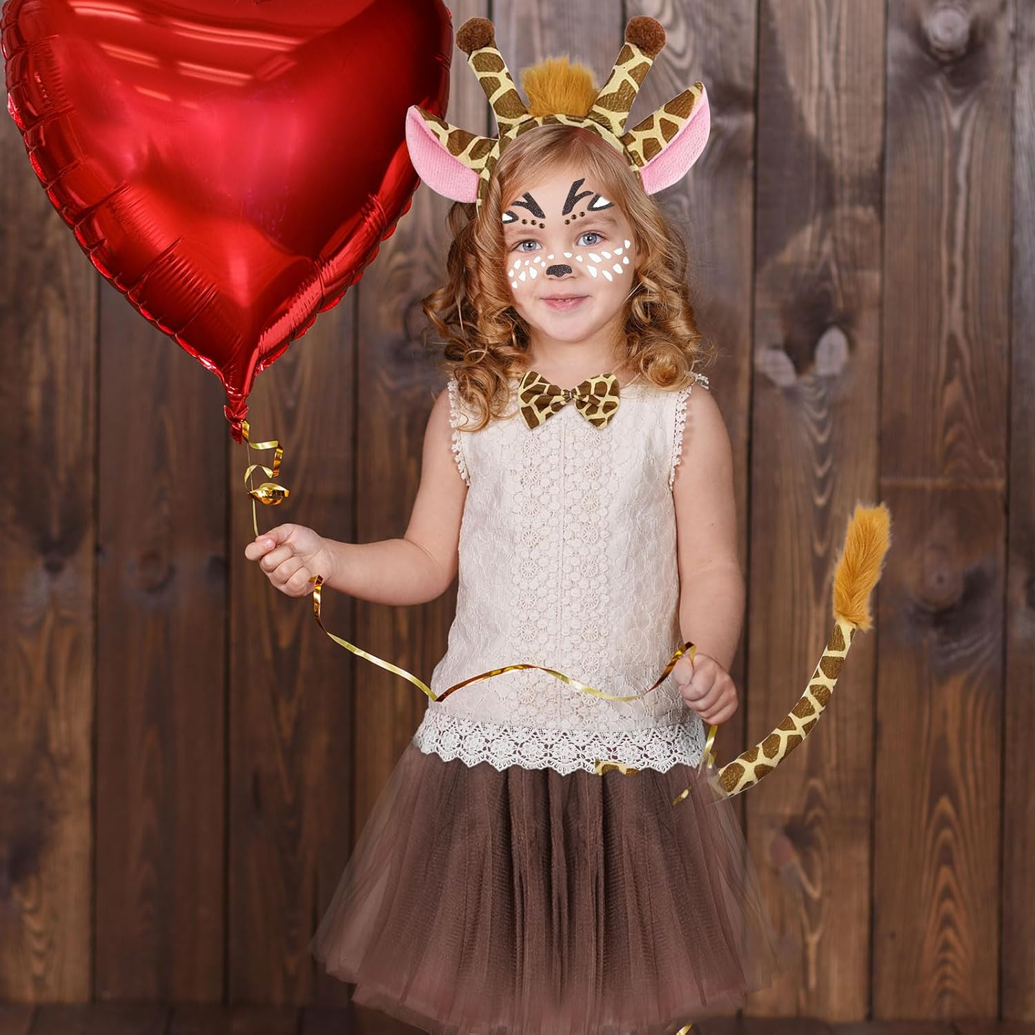 SAIIURV 5 Pieces Giraffe Headband Costume, Halloween Deer Ears Headband Bowtie Tail Deer Face Tattoo Stickers Girls Princess Tutu Skirt, Animal Costume Party Fancy Dress up for Kids Girls image number 2