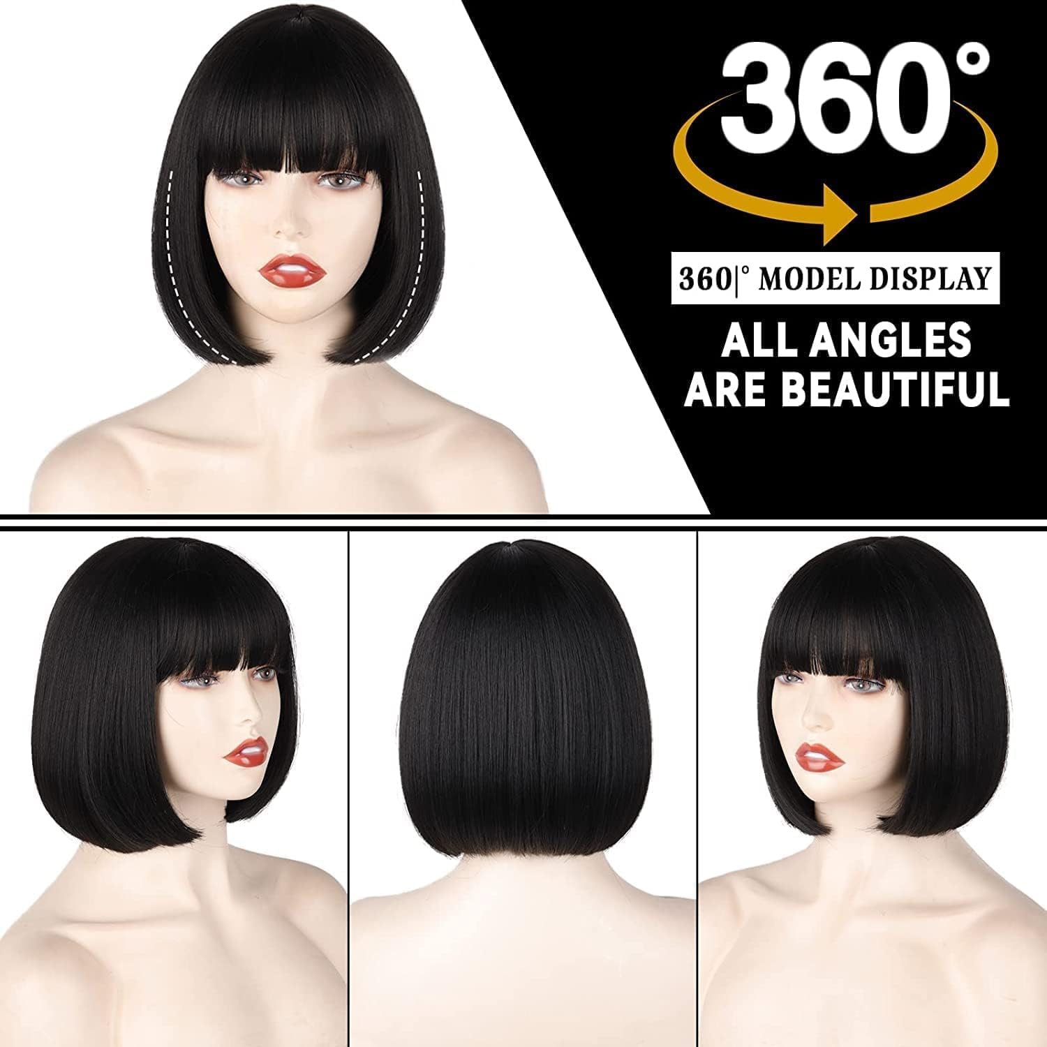 Creamily Black Short Bob Wig,Straight Black Bob Wig with Bangs, 12 Inch Straight Bob Bangs for Women Natural Looking for Party Halloween Costume Cosplay Party Daily Use image number 3