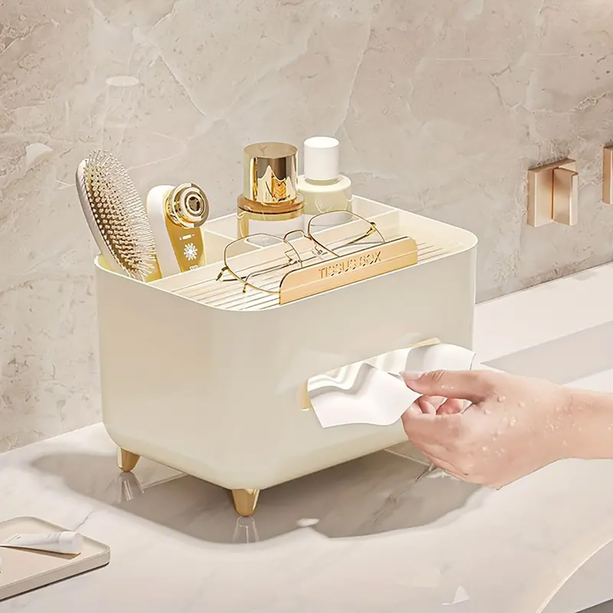 AIMALL Multifunctional Desk Organizer Tissue Box, Stylish Nordic Design for Living Room, Coffee Table, and Remote Control Storage 8.27&times;5.91&times;5.12 Inch - Beige image number 2