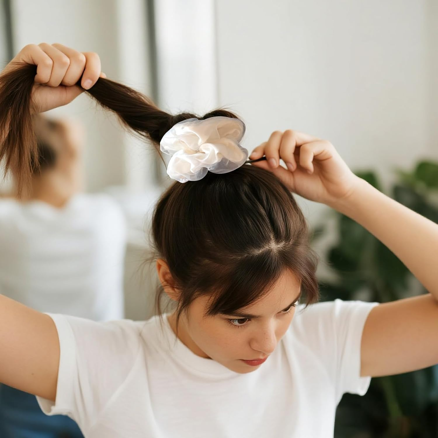 Pack of 4 Large Women'S Hair Bobbles, Hair Ties Made of Organza, Ponytail Holder Hair Band, Chiffon Hair Bands, Ponytail Holder Hair Band, for Women and Girls image number 6