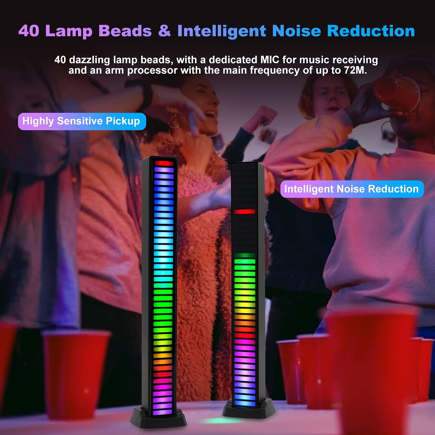 Smart RGB Light Bar, Voice Activated LED Light, AURTEC RGB Music Sync Light Bar, Upgraded 40 Bit Colorful Sound Pickup Ambient Lights with App Control, for Gaming, Car, PC, TV, Party and More. (2 Pack， Black) - Black 2 image number 4