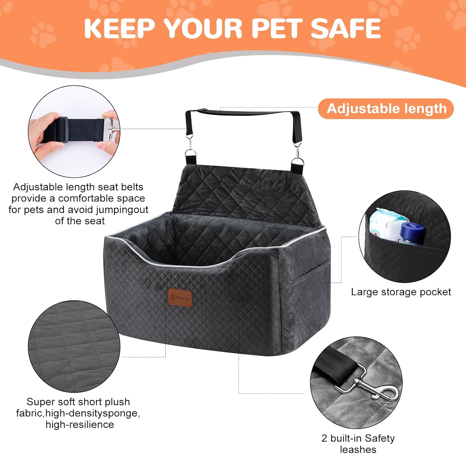 Alfatok Memory Foam Booster Dog Car Seat Medium Dogs, Elevated Pet Car Seat under 45 LBS, Detachable Washable, Anti-Slip Dog Booster Seat for Car Back Seat Only, Travel Dog Car Bed, Dog Seat Belt image number 3