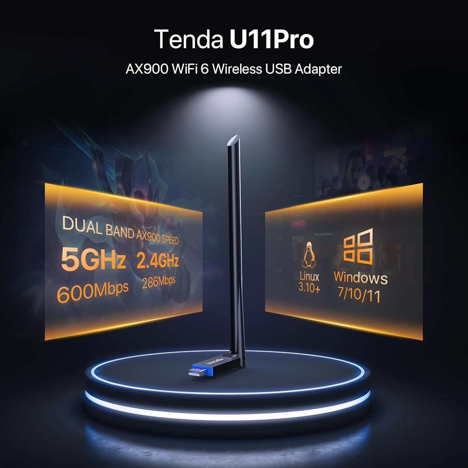 Tenda AX900 Wifi Adapter Wifi 6- Dual-Band 600Mbps 5Ghz/ 286Mbps 2.4Ghz, 6Dbi High Gain Antenna, Wireless Wifi Adapter for Windows 11/10/7/Linux3.10+/Ubuntu, USB Wifi Dongle (U11Pro) image number 2