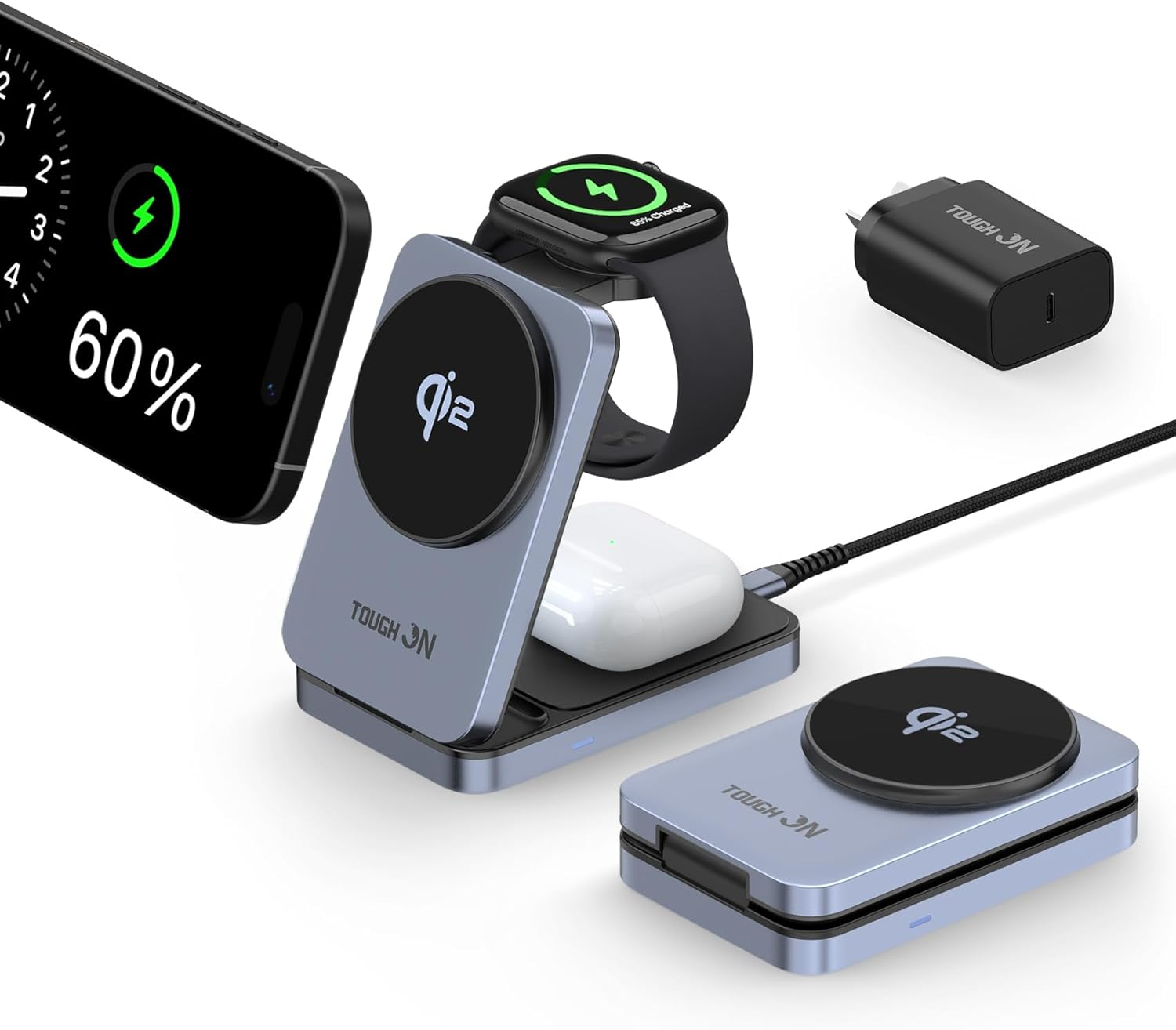 TOUGH on Qi2 3 in 1 Wireless Charging Station for Apple, Qi2 15W Wireless Charger for Iphone, Compatible Magsafe Wireless Charger Stand for Multiple Devices Iphone 16/15/14/13/12, Apple Watch, Airpods image number 3