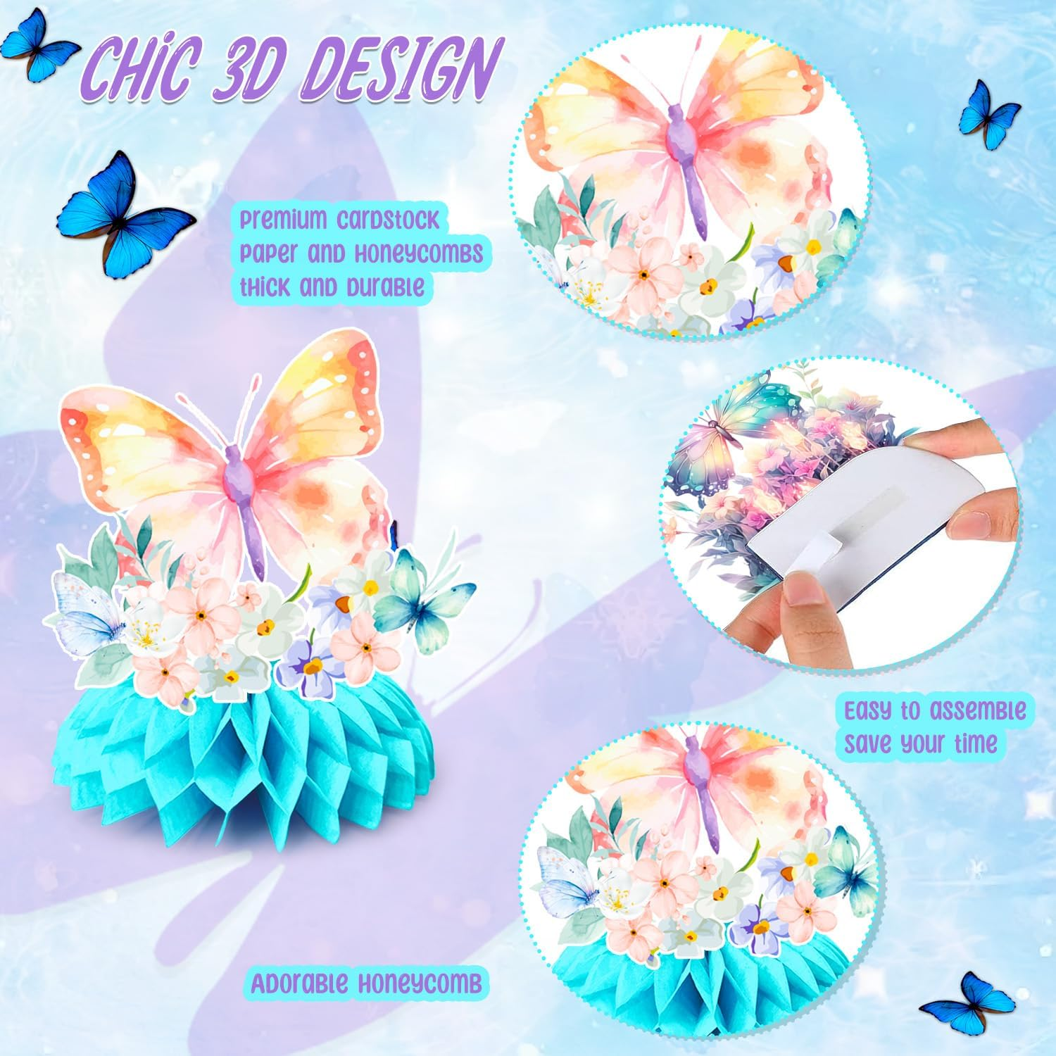 Butterfly Honeycomb Centerpieces, 9 Pcs Butterfly Honeycomb Table Centerpiece, Butterfly Baby Shower Party Honeycomb & Butterfly Themed Honeycomb Centerpiece, for Floral Butterfly Birthday Decorations image number 3