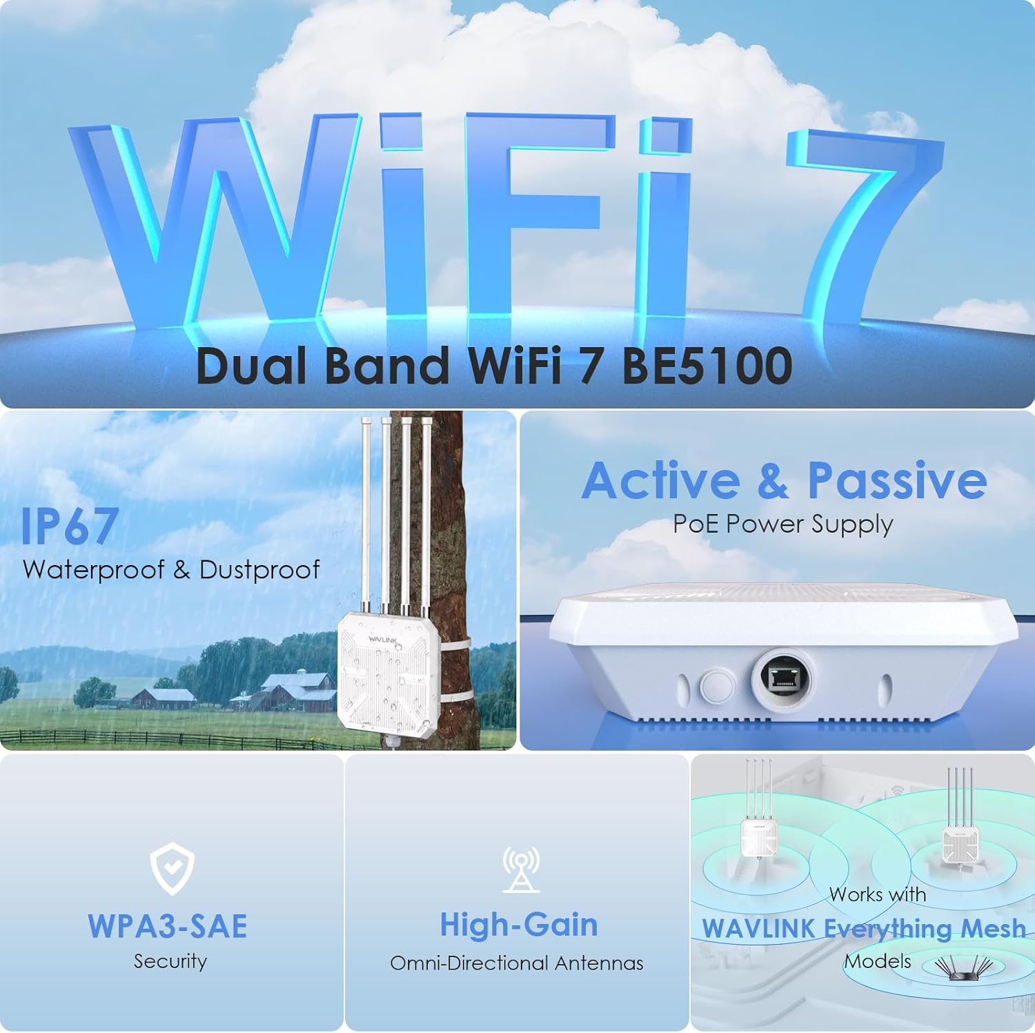 WAVLINK Wifi 7 BE5100 Outdoor Wifi Extender, Dual Band Long-Range Outdoor Wifi Repeater| Access Point| Mesh Router, POE Powered IP67 Waterproof| 4 X 8Dbi Antennas, up to 256 Devices for Farm, Yard, RV image number 3