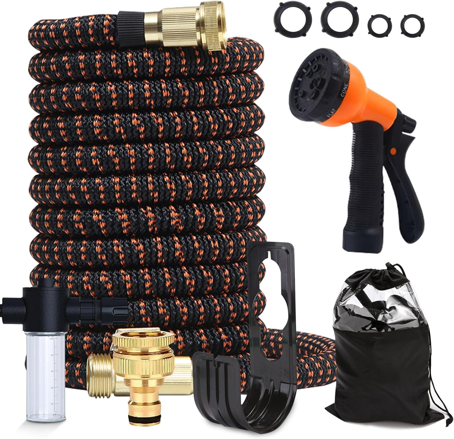 100Ft Expandable Garden Hose, with 8-Pattern Nozzle, 1/2' & 3/4' Convertible Connectors, Retractable Water Hose High Pressure with Dispenser Bottle for Car Wash & Lawn Watering image number 2