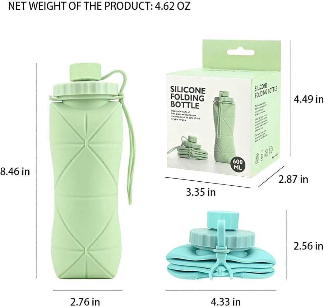 Idopick Collapsible Water Bottle, Leak-Proof Silicone Foldable Water Bottles Cup for Travel, Easy-To-Carry Design and Compact Size for Gym Travel Camping Hiking Running, BPA Free, Green