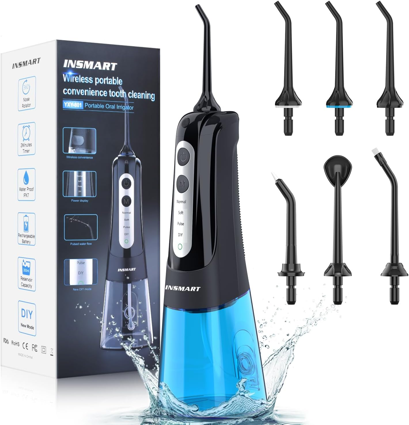 INSMART Water Flosser Cordless Dental Pick for Teeth Clean, Professional Oral Irrigator DIY 4 Modes IPX7 Waterproof 300ML Tank USB Rechargeable, Irrigate Jet for Plaque Removal Oral Gums Care